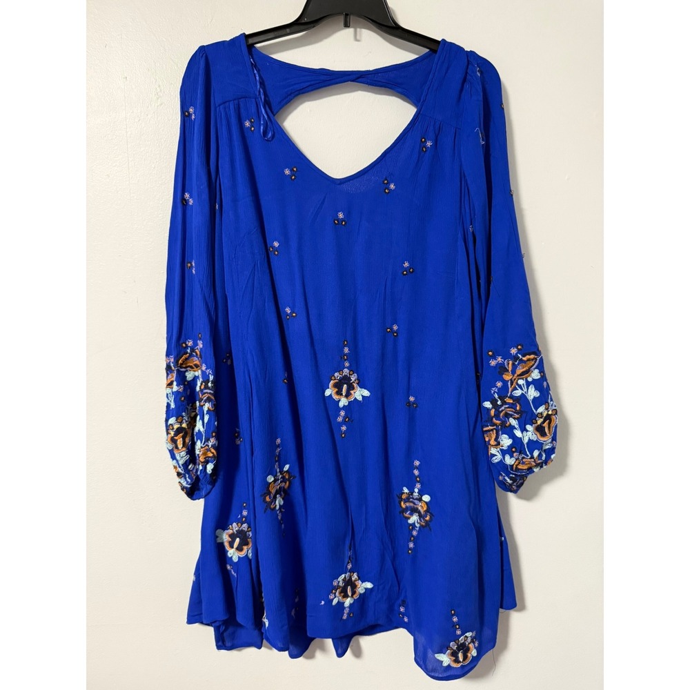 Free People Oxford Embroidered Shift Dress Cobalt Blue Back Cutout Womens L